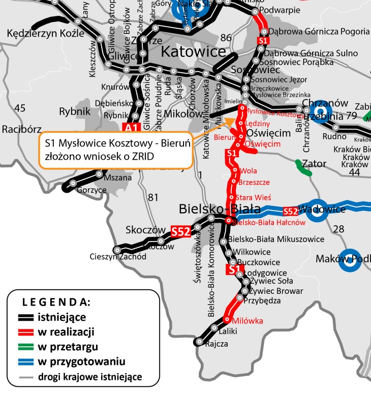 Mapa przebiegu S1 w woj. śląskim. Źródło: GDDKiA